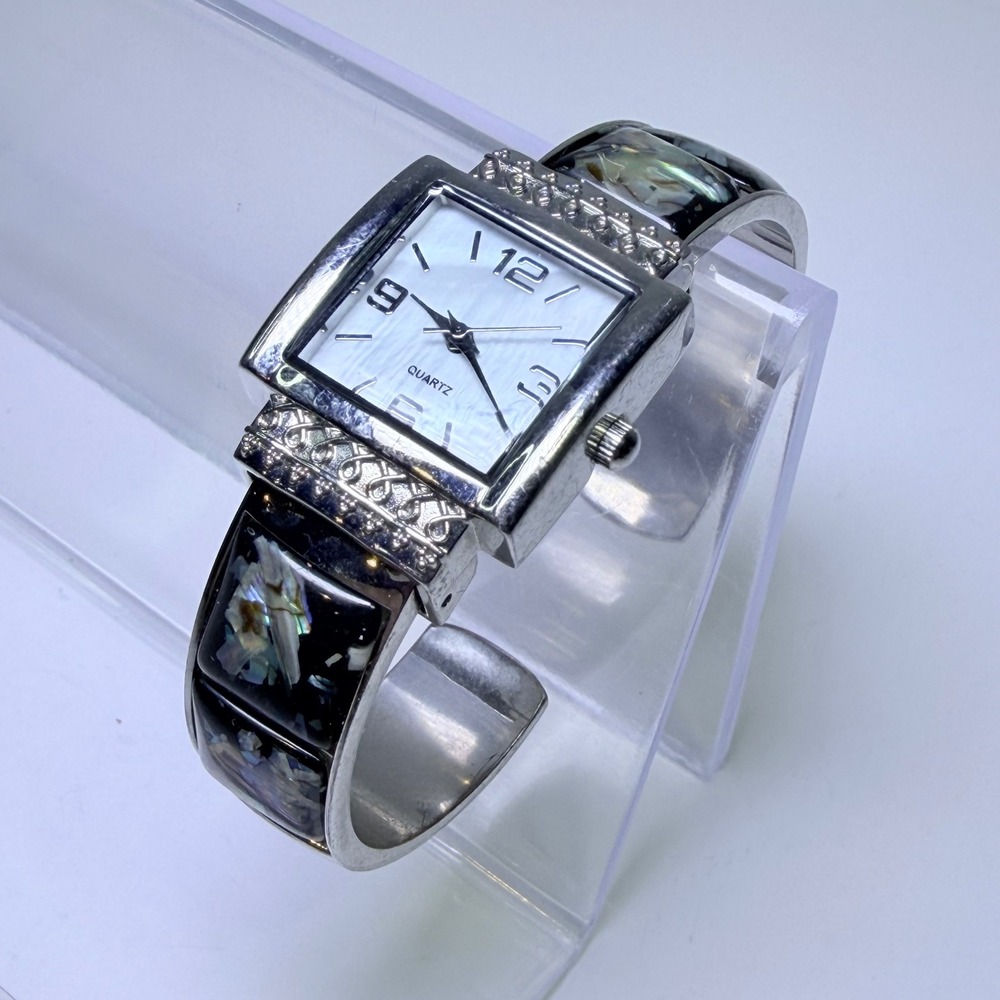 Accutime Silver Tone Abalone Shell Cuff Bangle Watch LDS11WM Square MOP Dial